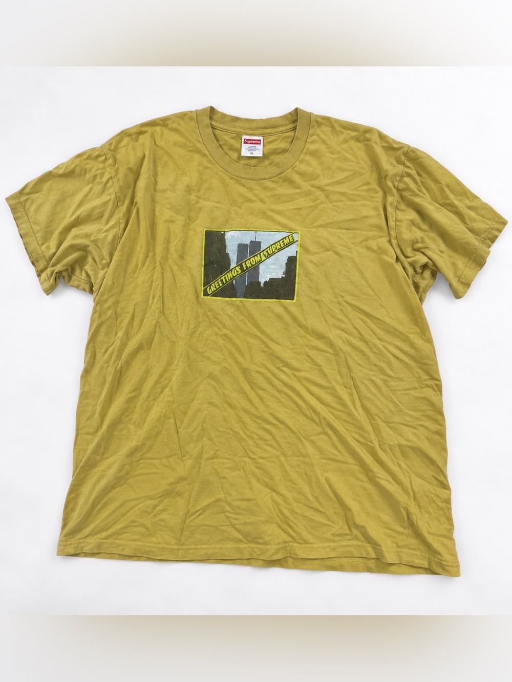Supreme Greetings Twin Towers Tee Men’s XL SS19 Mustard Yellow Made in USA